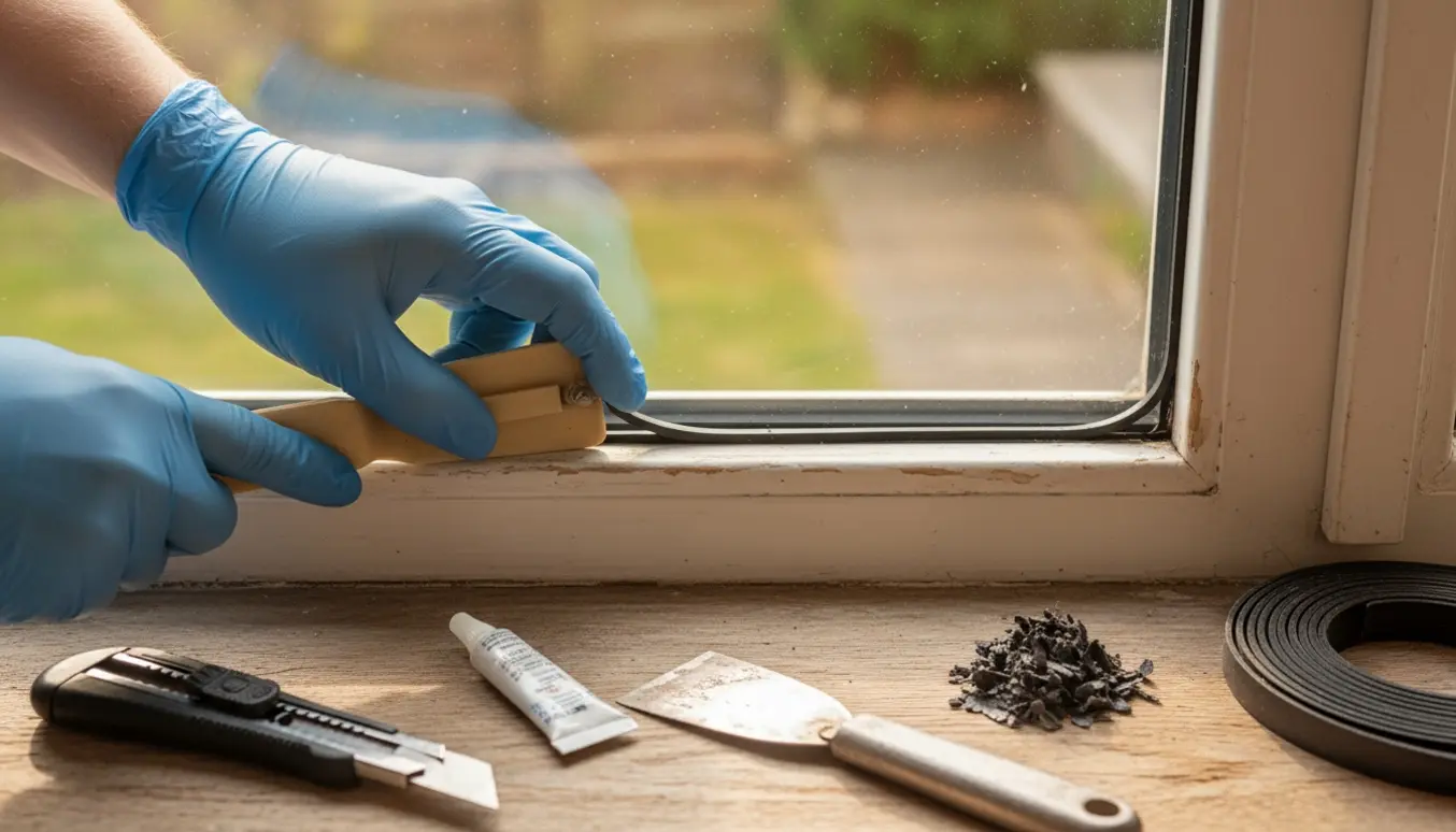 Nærbillede af hænder, der sætter en ny gummiliste i en vinduesramme med værktøj på vindueskarmen.