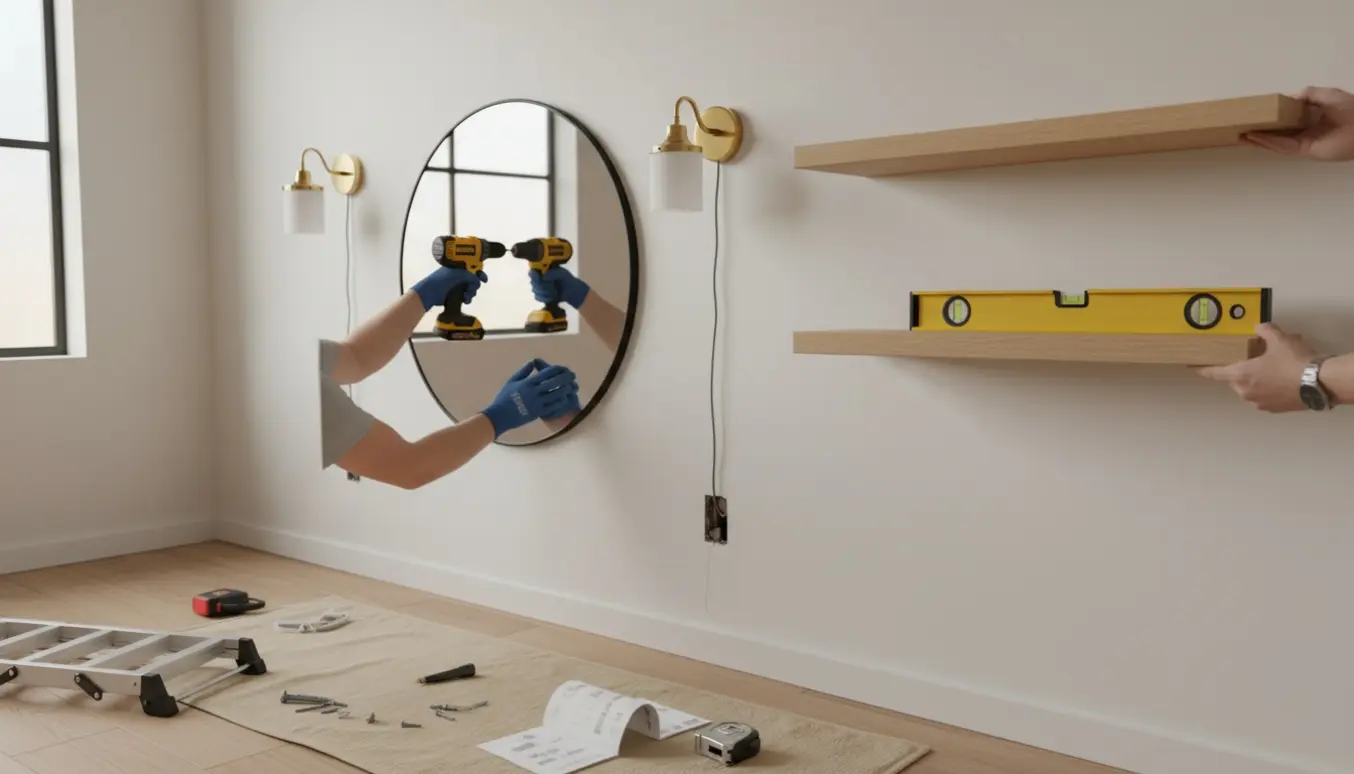 Montering af spejle, væglamper og hylder i en moderne entre med værktøj og stige.