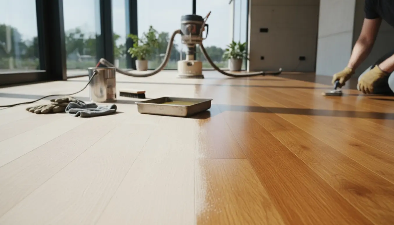 Halvt slebet, halvt olieret trægulv i en lys stue med værktøj og en hånd, der arbejder.