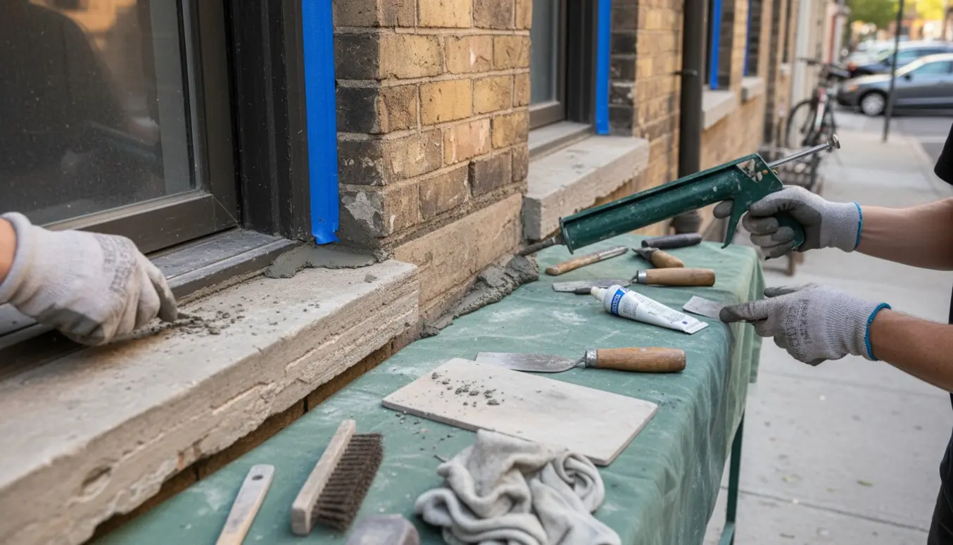 Nærbillede af to gadevendte sålbænke, hvor fugerne udskiftes med fugepistol og murske.