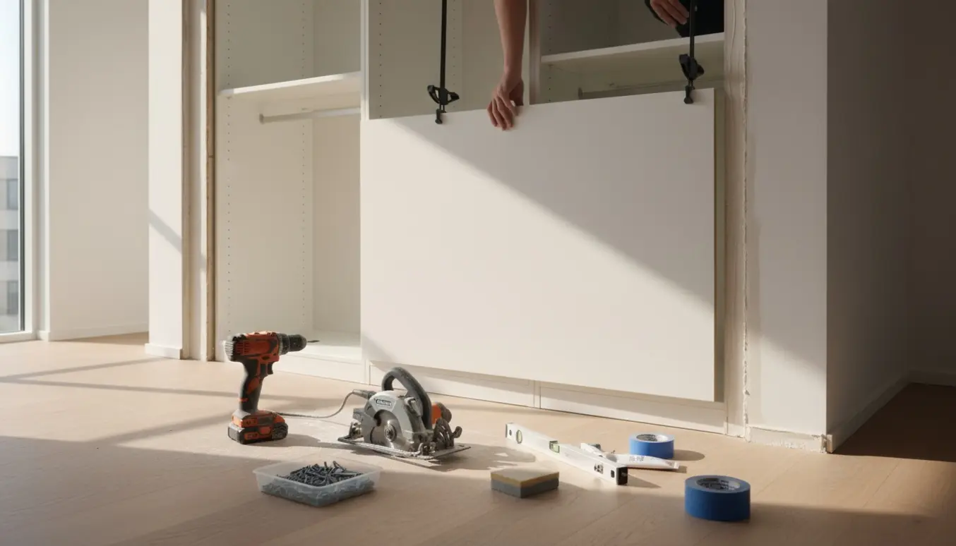 Delvist indbygget IKEA PAX-skab med tilskårne MDF-paneler og værktøj i et lyst, ryddeligt rum.