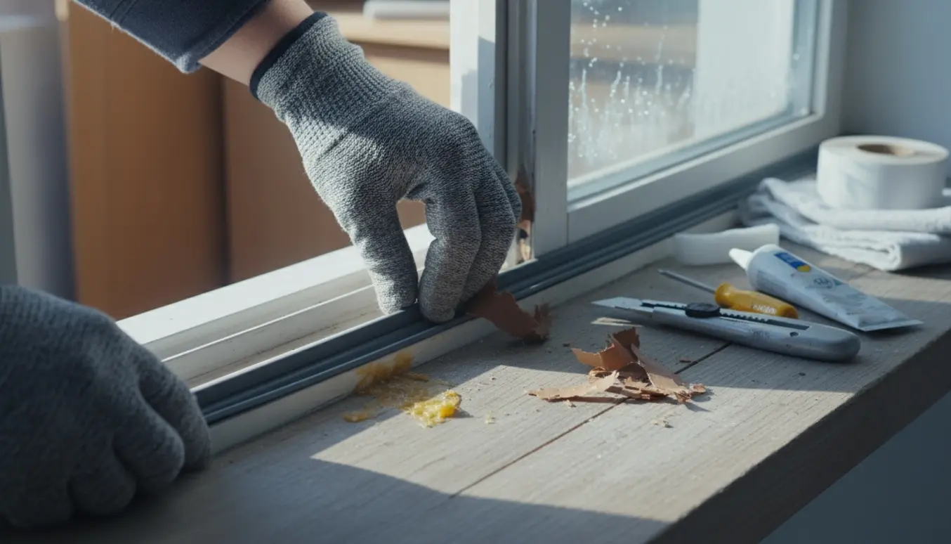 Nærbillede af hænder, der monterer nye tætningslister på en vinduesramme for at stoppe kolde træk.