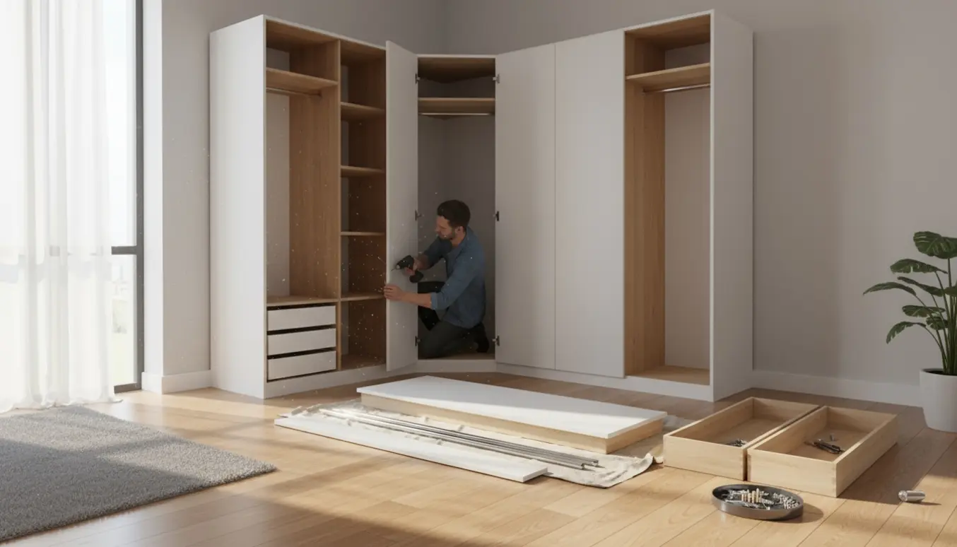 Samling af et PAX-hjørneskab i et lyst soveværelse med værktøj og hænder uden synlige ansigter.