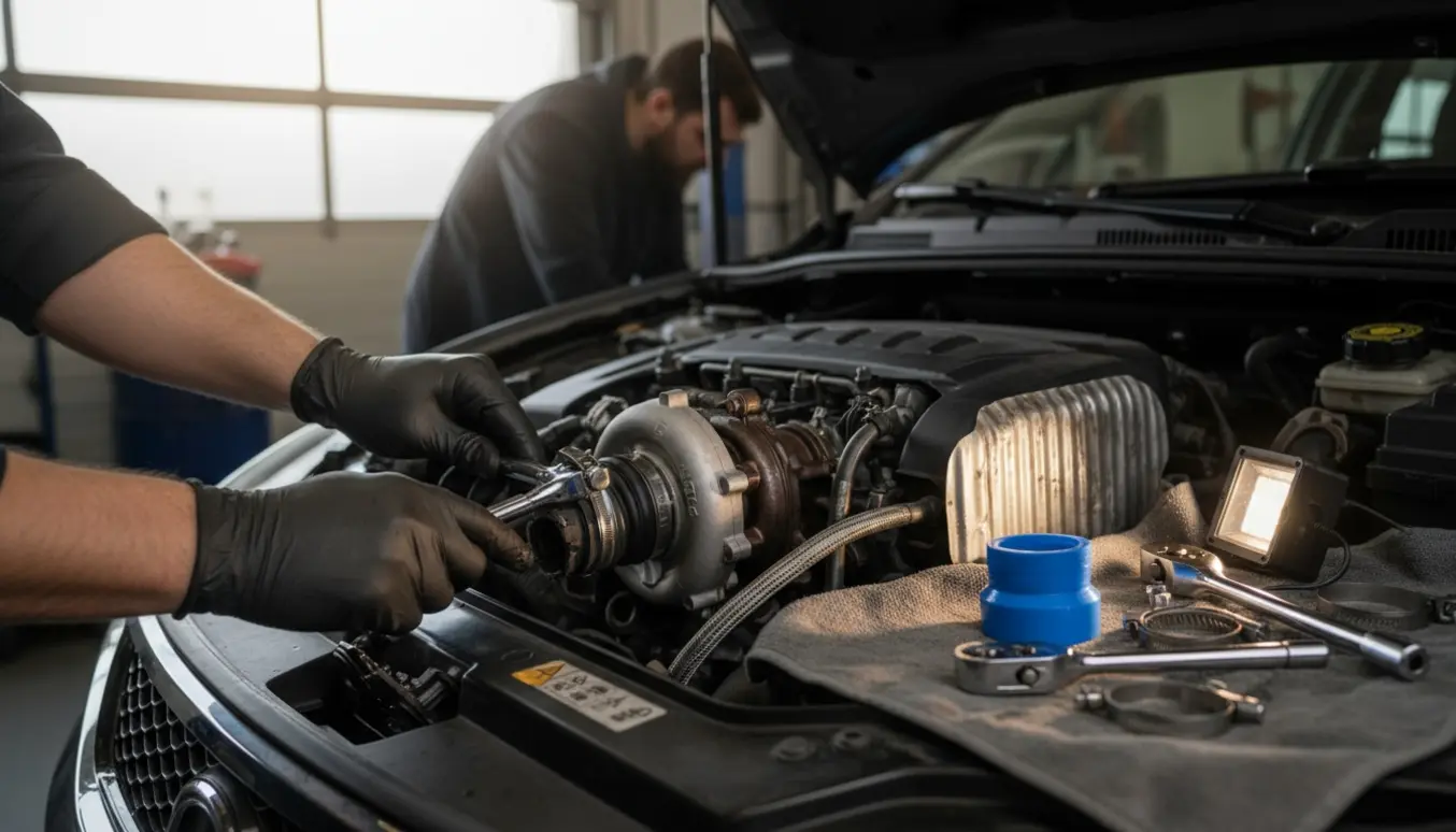 Nærbillede af en mekaniker, der spænder en reparationsklemme omkring et revnet turborør i motorummet på en hatchback.