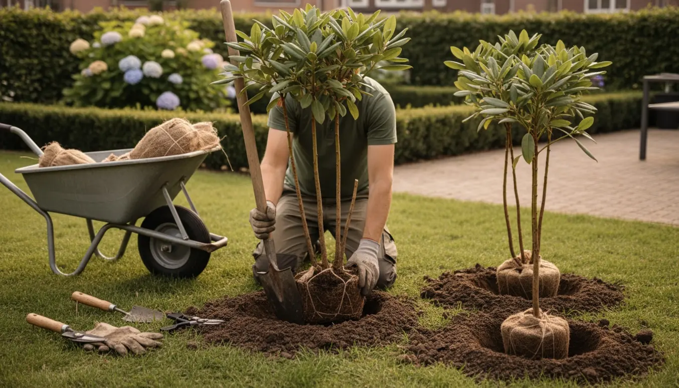 Gartner fra baggrunden graver og flytter seks rhododendron med rodklumper indpakket i jutestof klar til genplantning.