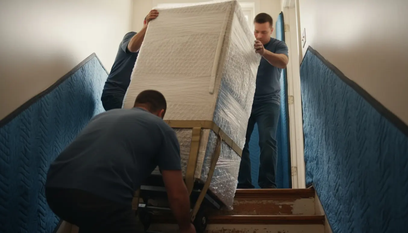 Flyttemænd bærer et stort amerikanerkøleskab op ad en trappe til første sal, pakket i bobleplast og plastik.