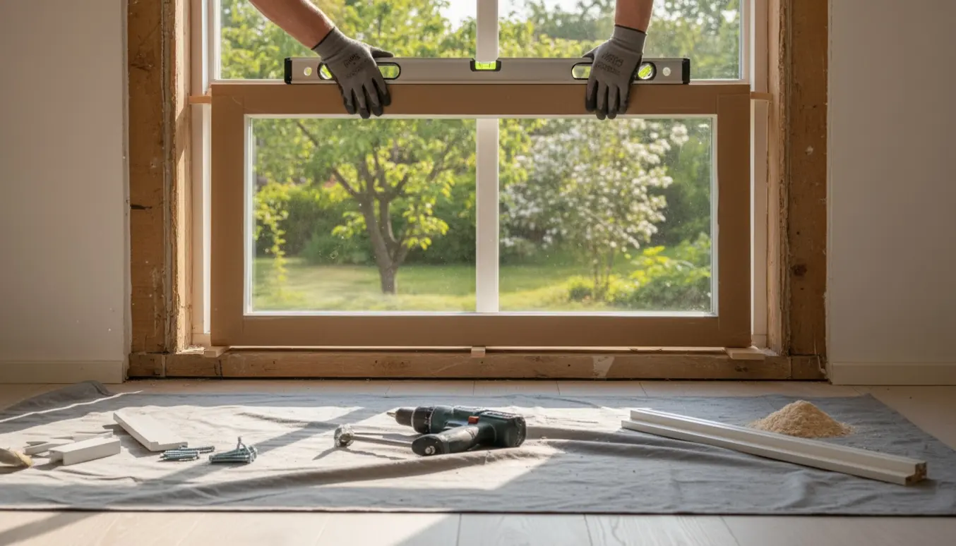 Et nyt, lidt større vindue monteres i en lys stue, med håndværkerens handsker og værktøj i fokus.