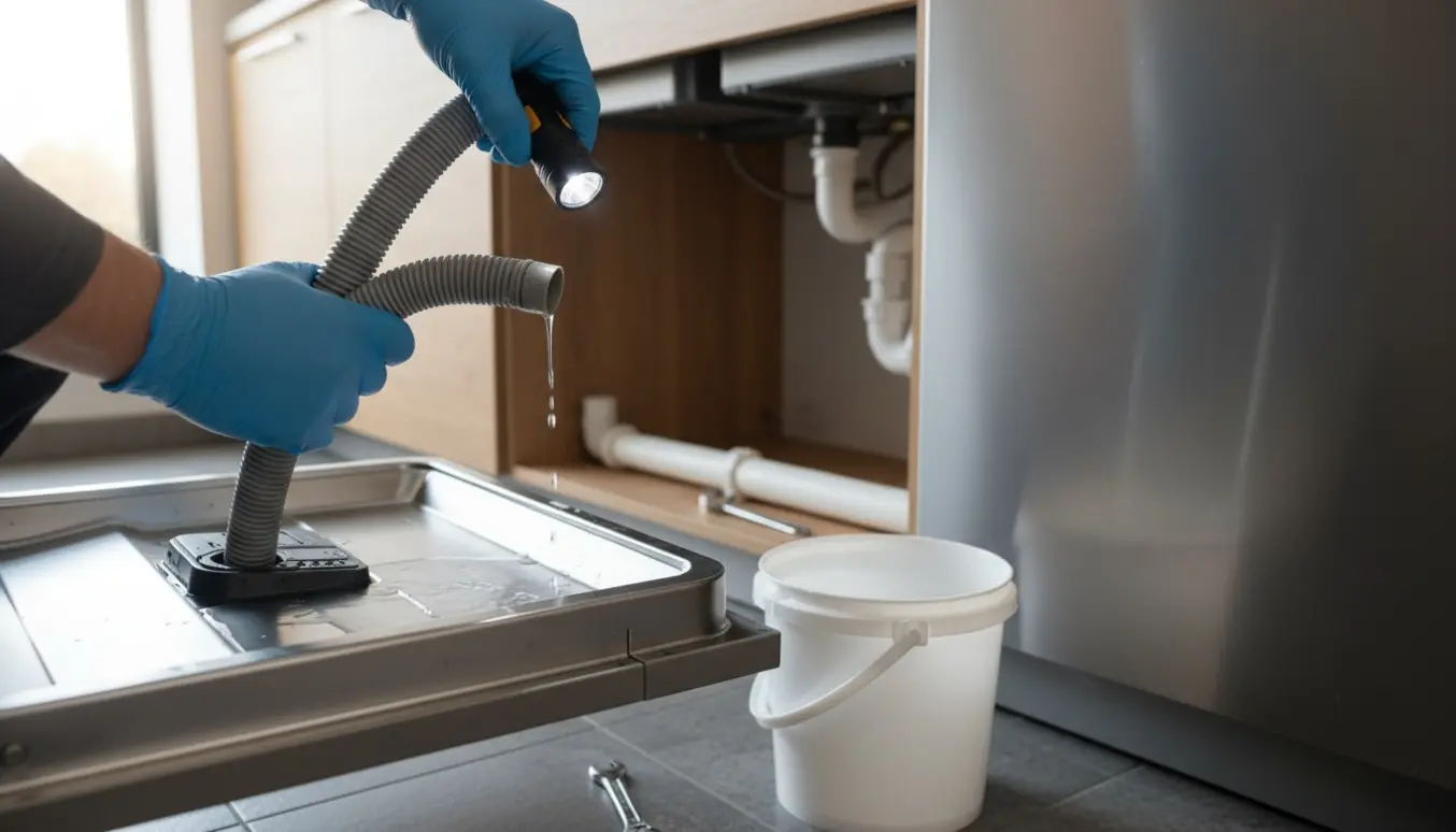 Åben opvaskemaskine med vand i bunden og handskerede hænder, der holder en løs afløbsslange over en balje.