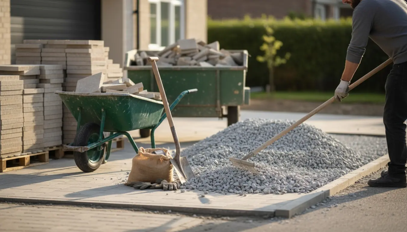Bagfra set arbejder fordeler granitskærver i en indkørsel med stabler af fjernede fliser og en trillebør klar til affald.