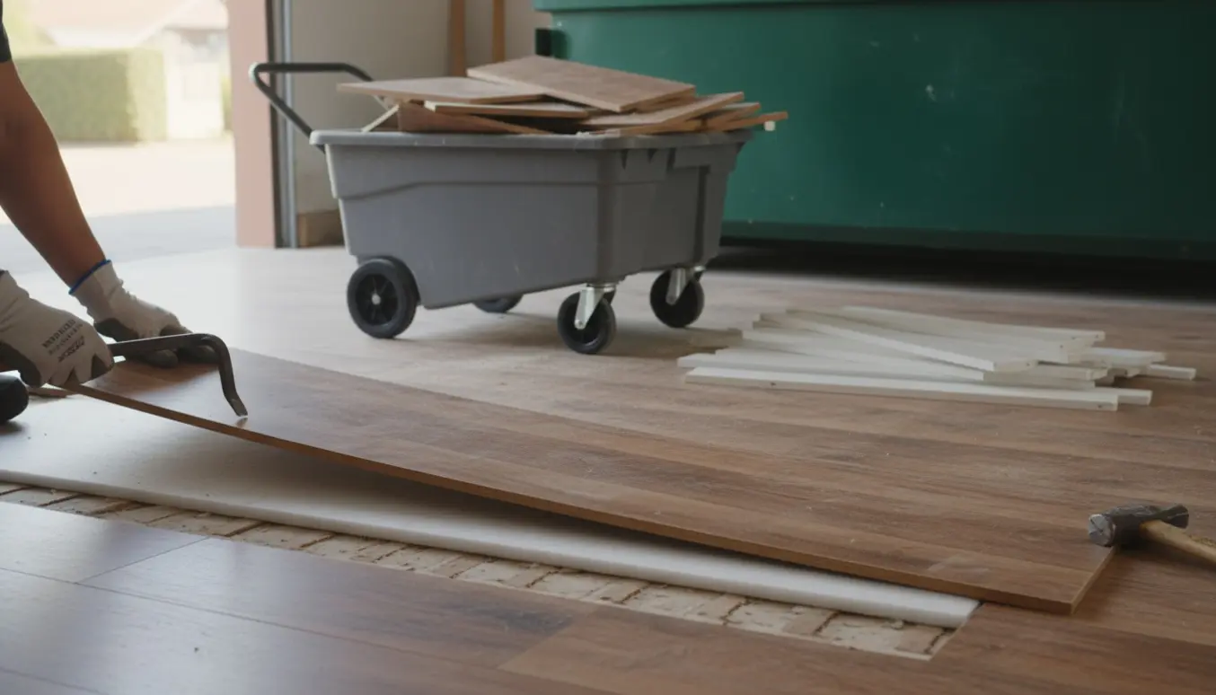 Håndværker fjerner klikgulv med koben og læsser planker i en vogn ved en privat container på parkeringspladsen.