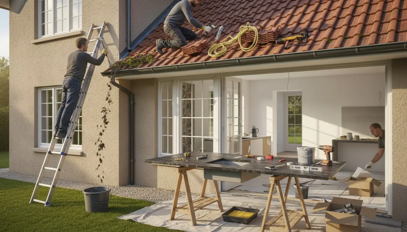To-etagers villa med håndværkere, der renser tagrender og fiksere tagsten, mens køkkenet er delvist renoveret med ny bordplade og malerværktøj.