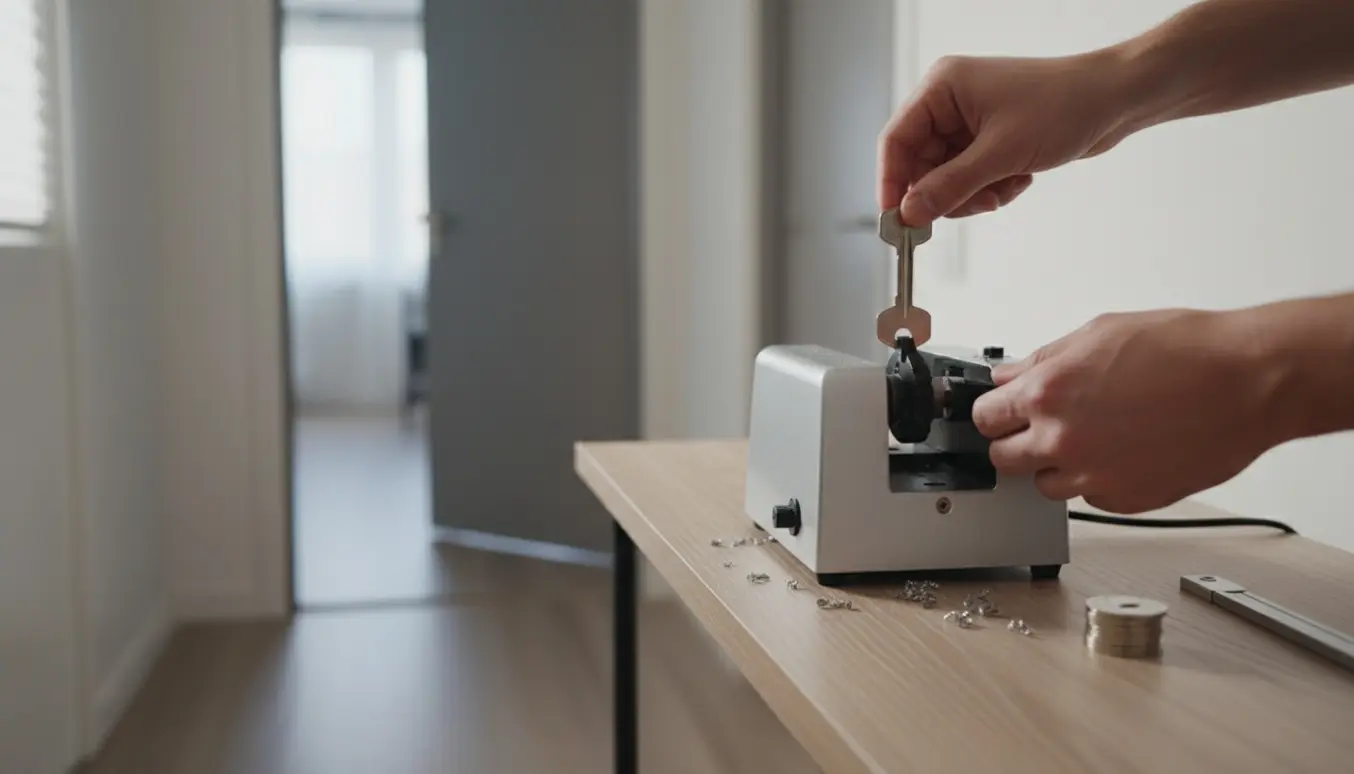 Hænder får lavet en kopi af en almindelig lejlighedsnøgle ved en nøgleafskæringsmaskine.
