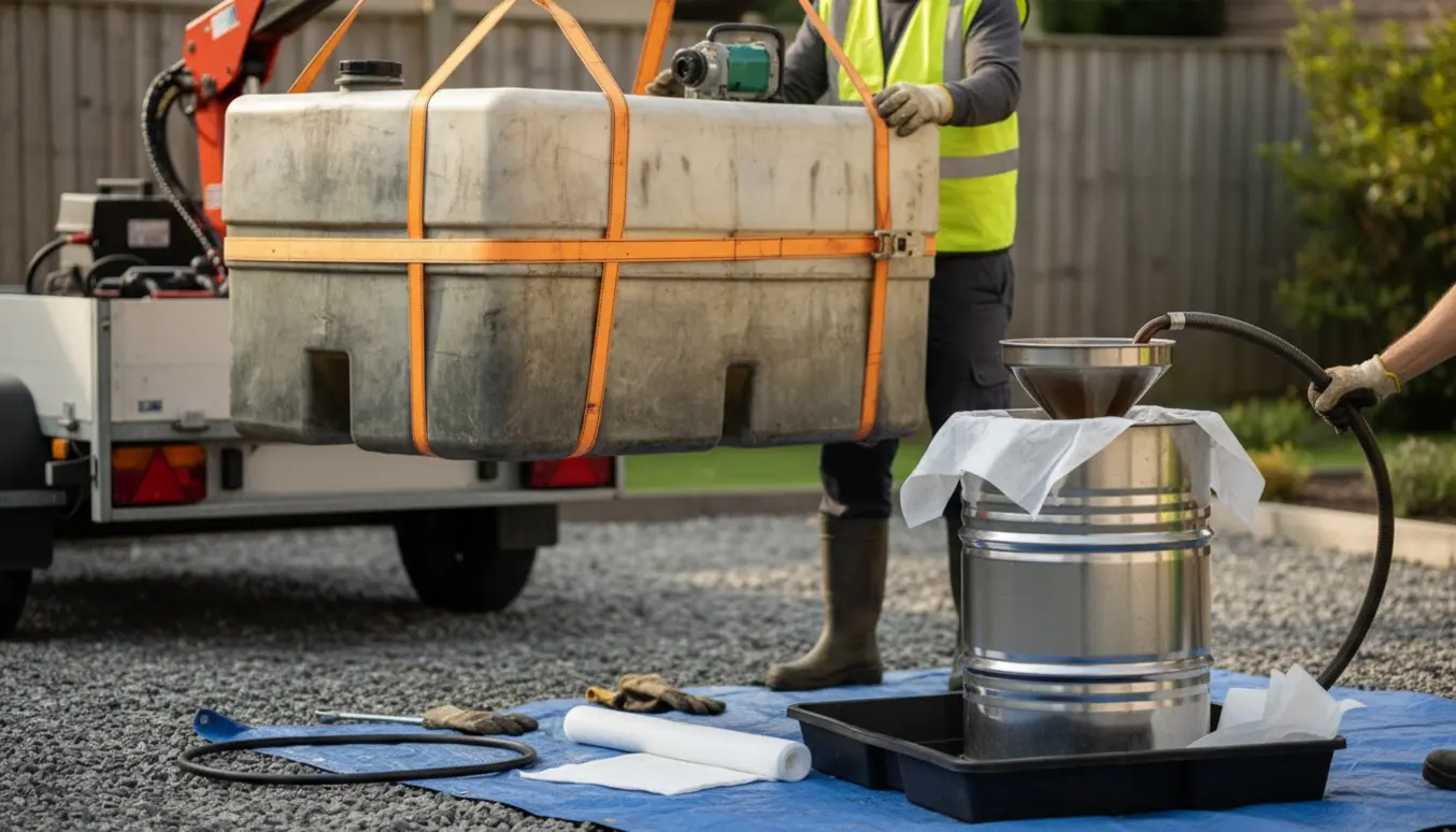 Udendørs fjernelse af en plast-olietank, olie pumpes over i en 200-liters tønde med spildopsamling og værktøj i baggrunden.