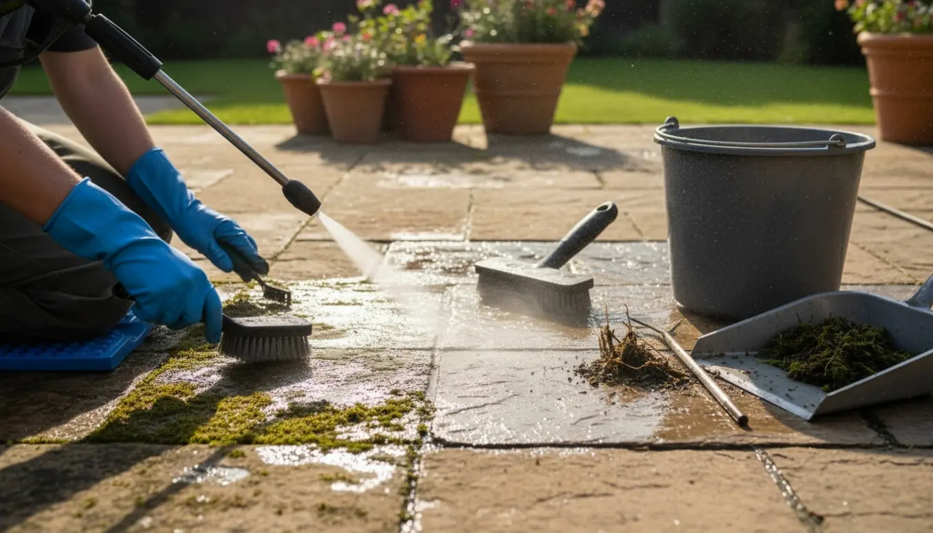 Nærbillede af fliser, hvor ukrudt, alger og mos fjernes med højtryksrenser og børste, med tydelig før- og efterkontrast.