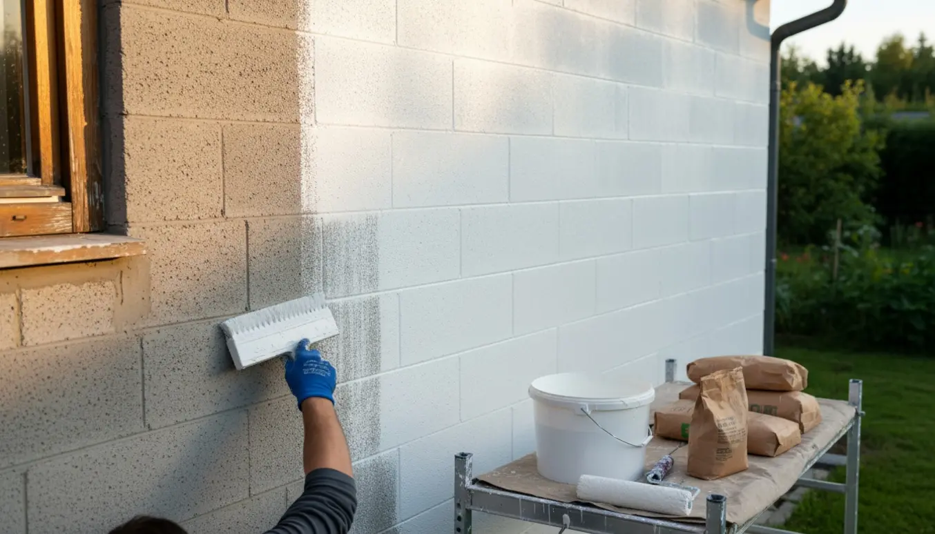Hvid kalkning af en gasbetonvæg ved et sommerhus med pensel, rulle og spande.