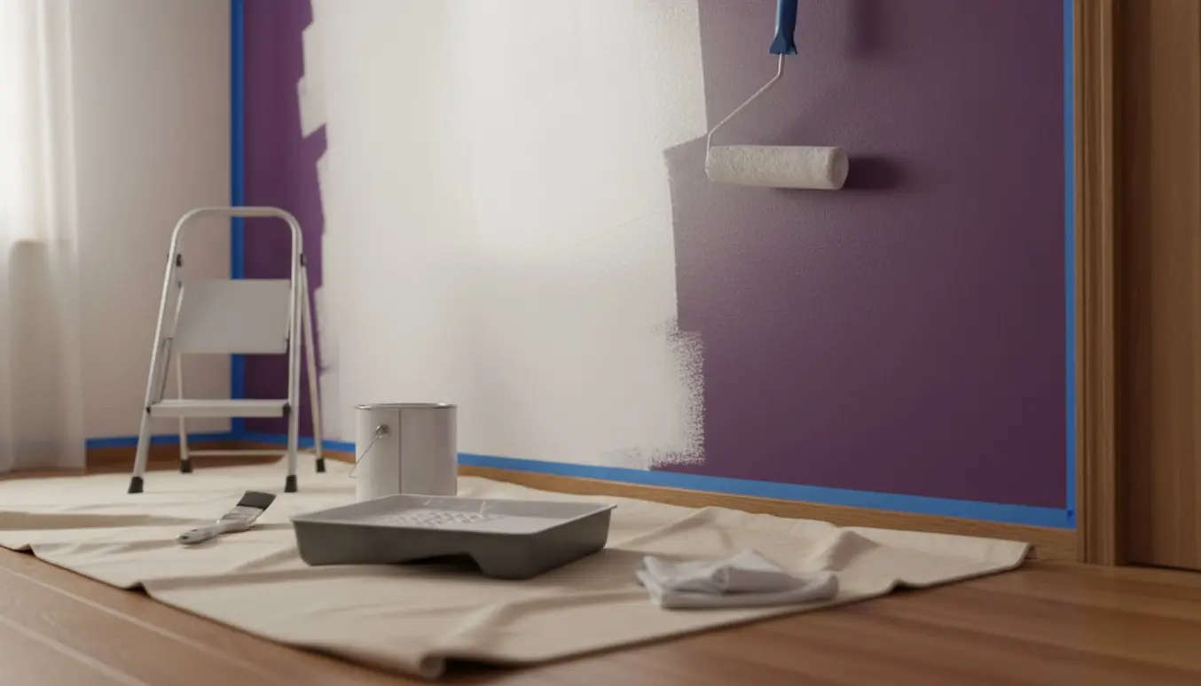 Et lille værelse hvor en rulle påfører hvid maling på en tidligere lilla væg med malertape og afdækning.
