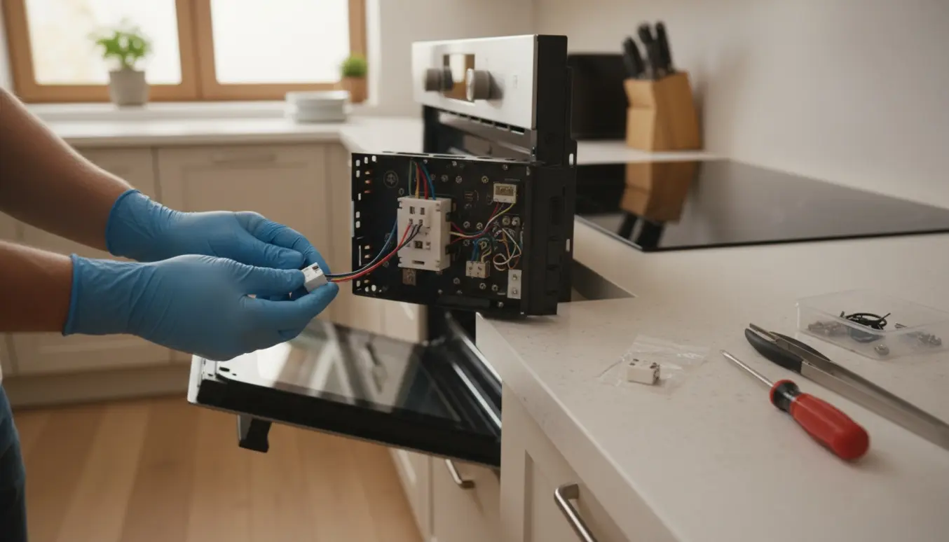 Hænder i beskyttelseshandsker holder en udskiftningssikring foran en åben ovn i et moderne køkken.