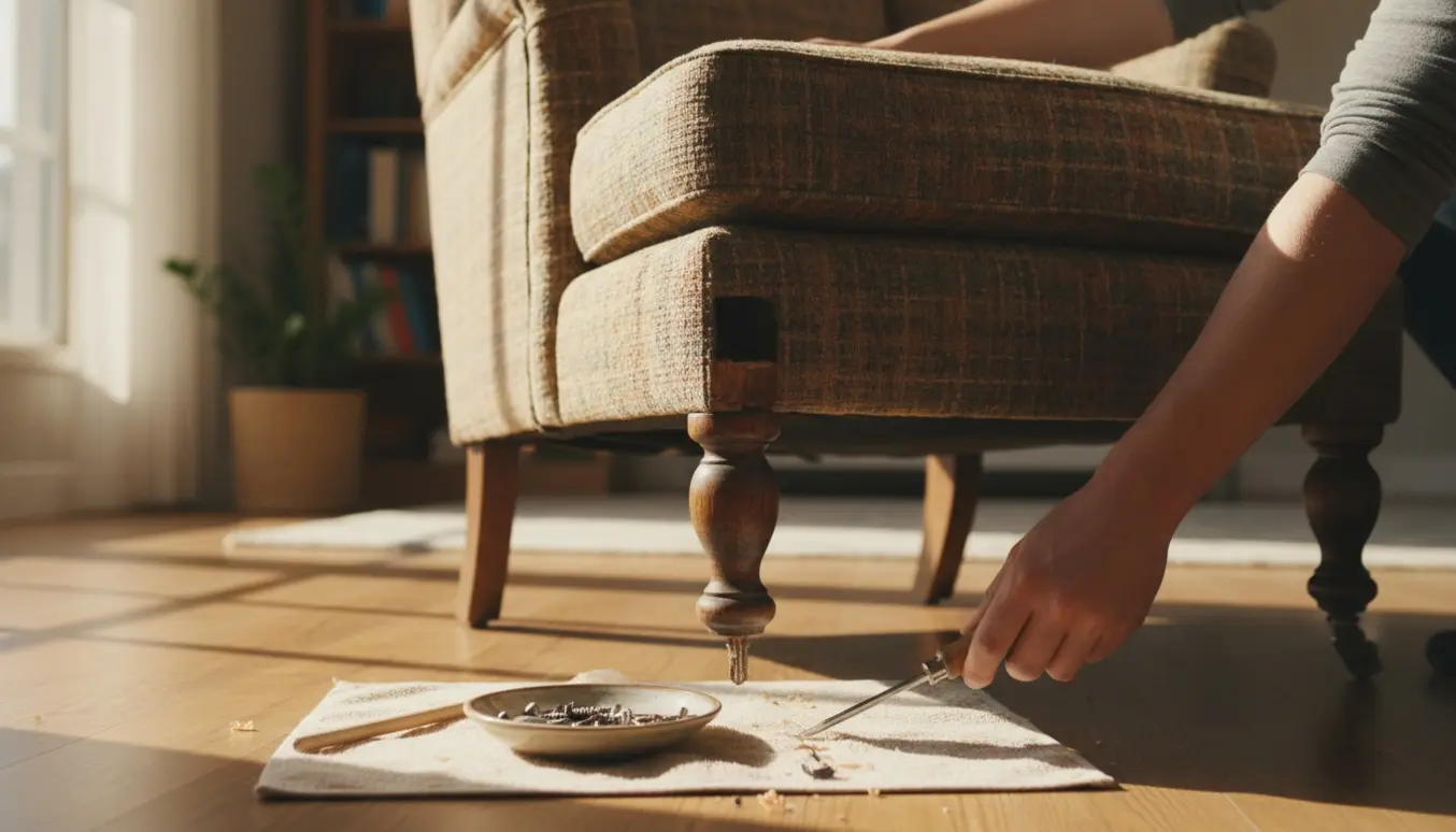 Løst stoleben på en lænestol med hænder og værktøj klar til reparation.