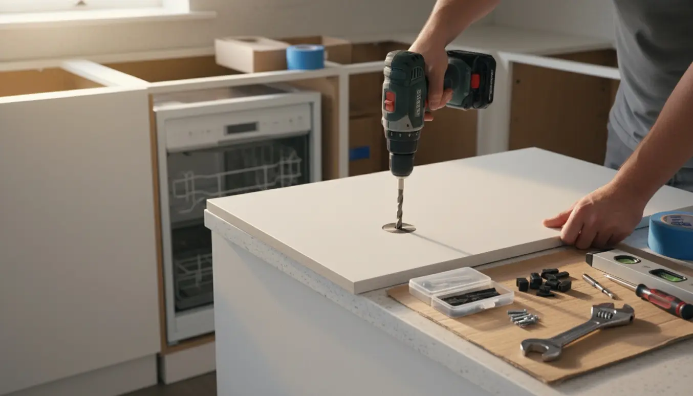 Hænder med boremaskine og Forstnerbor monterer integrerbare hvidevarer ved skabslåger uden hængselsboringer.