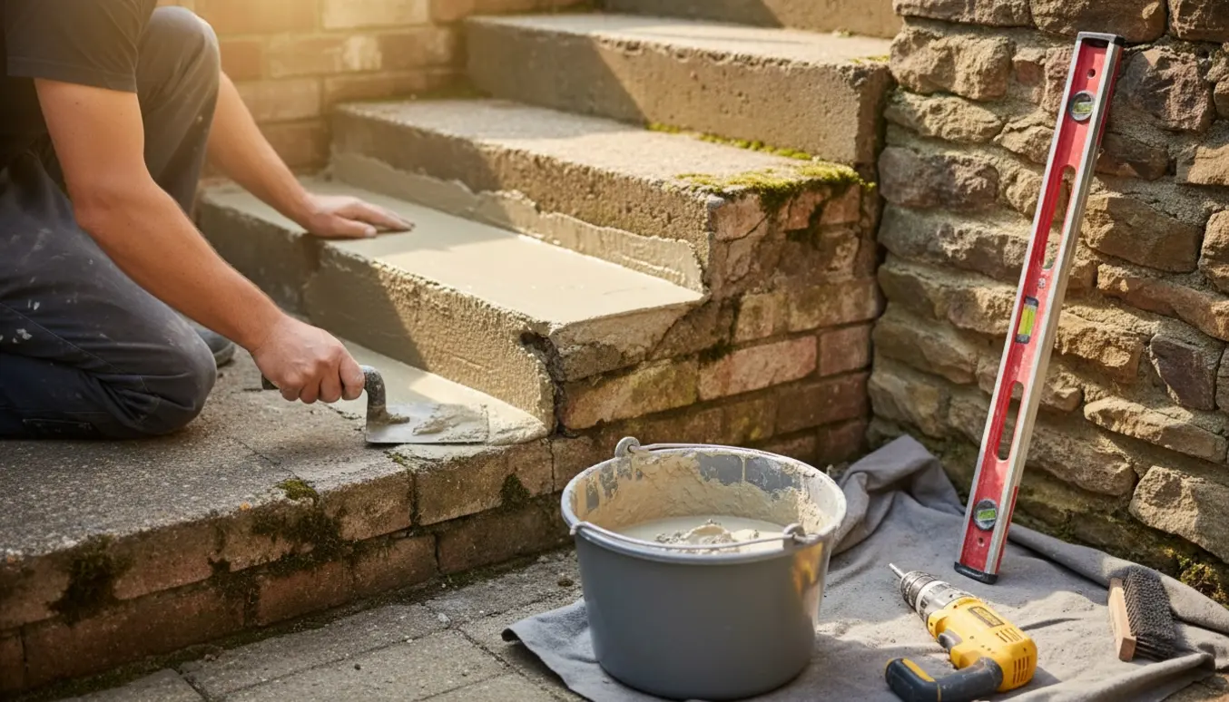 Nærbillede af reparation af udendørs kældertrappe og tilstødende mur med mørtel og murerværktøj.