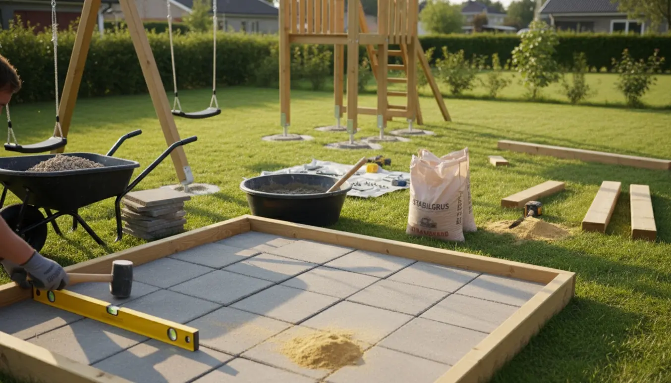 Baghavebyggeri med lægning af 30x30 fliser og samling af legetårn, gynge og sandkasse.