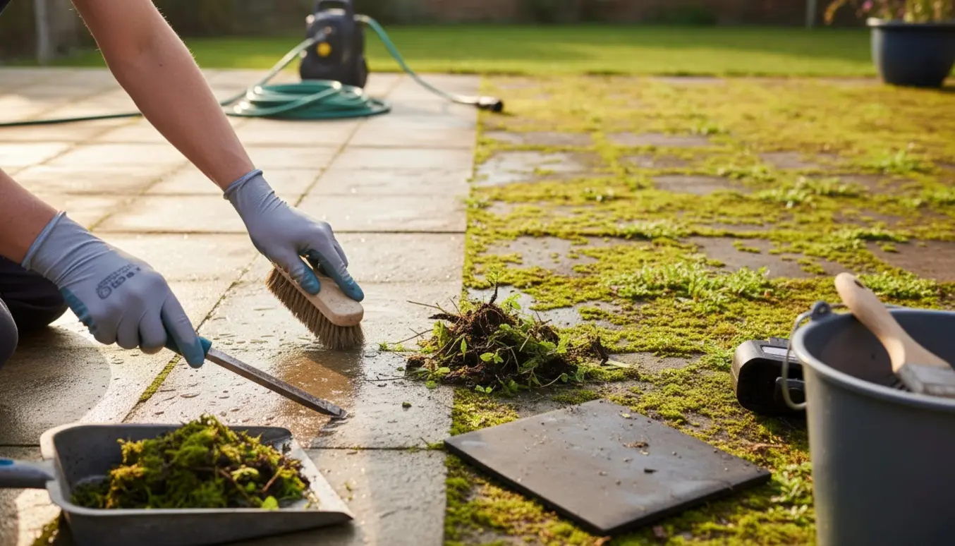 Nærbillede af en terrasseflise, hvor mos og ukrudt fjernes med skraber og børste, med synlig før-og-efter-kontrast.