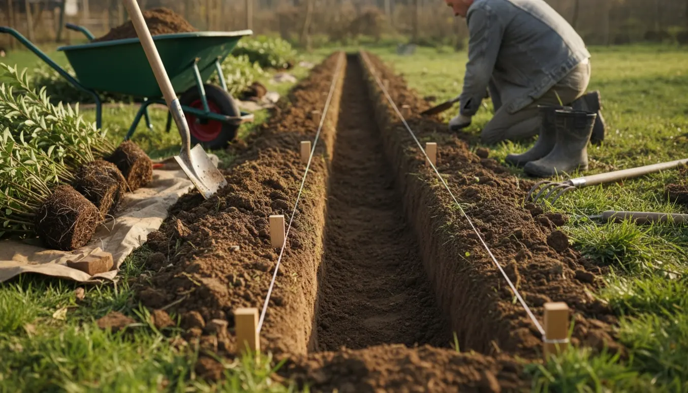 Nygravet rende til hækplantning med skovl, planter og trillebør i blødt morgenlys.