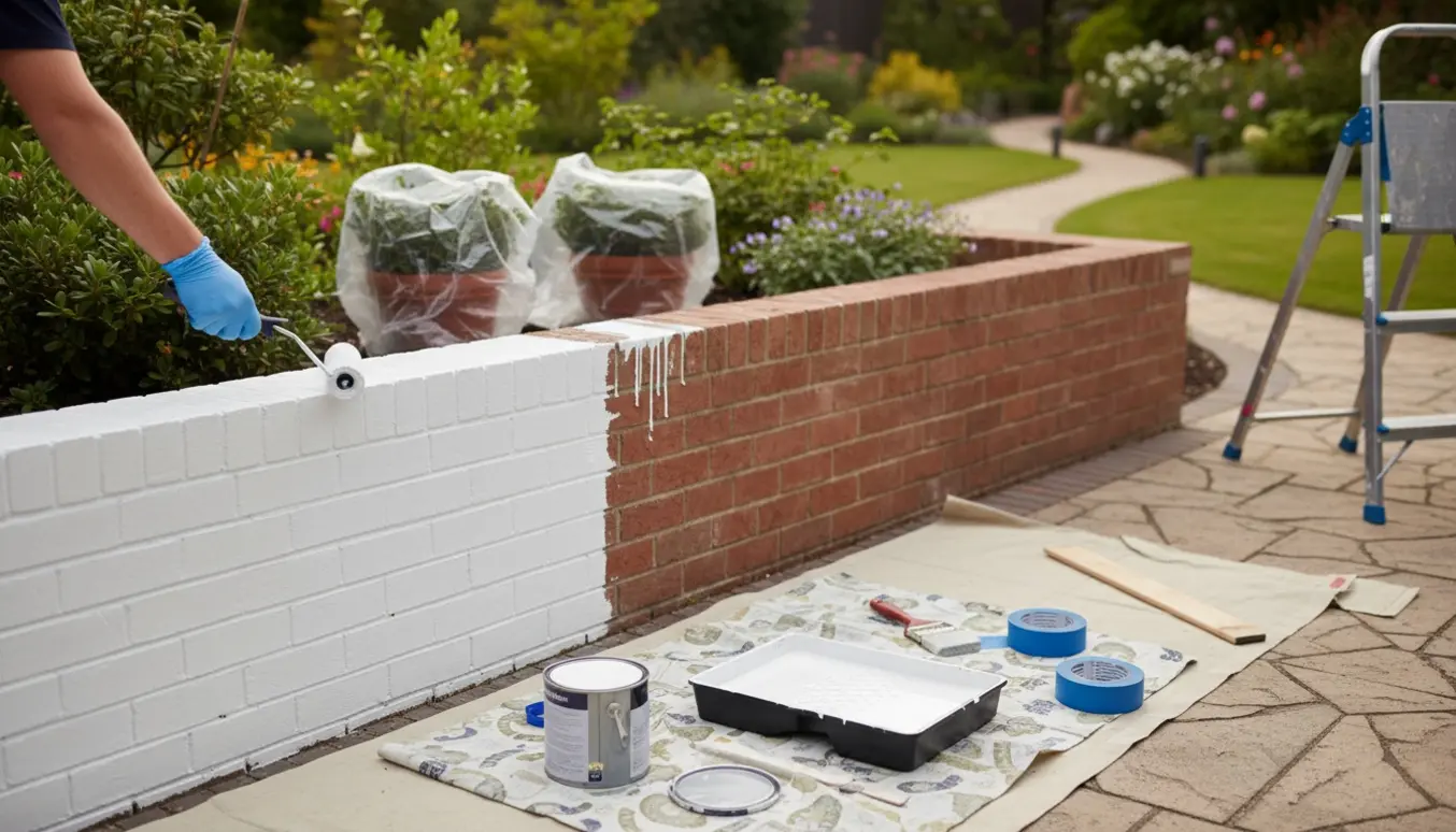 Halvt hvidmalet murstenslæmur i have med malerulle, malerbøtter og afdækningsmaterialer.