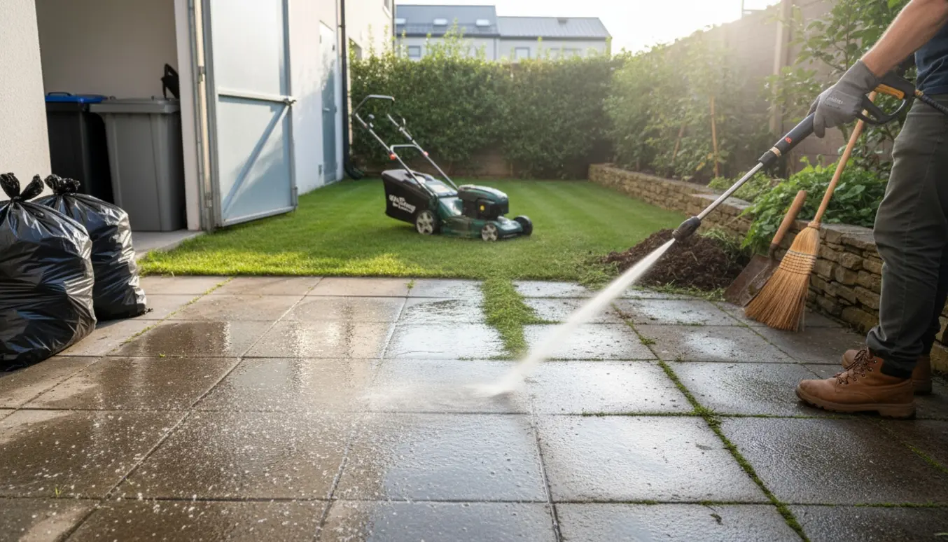 Højtryksrensning af fliser, nyslået græs, fejekost og fyldte affaldssække ved affaldsrummet.