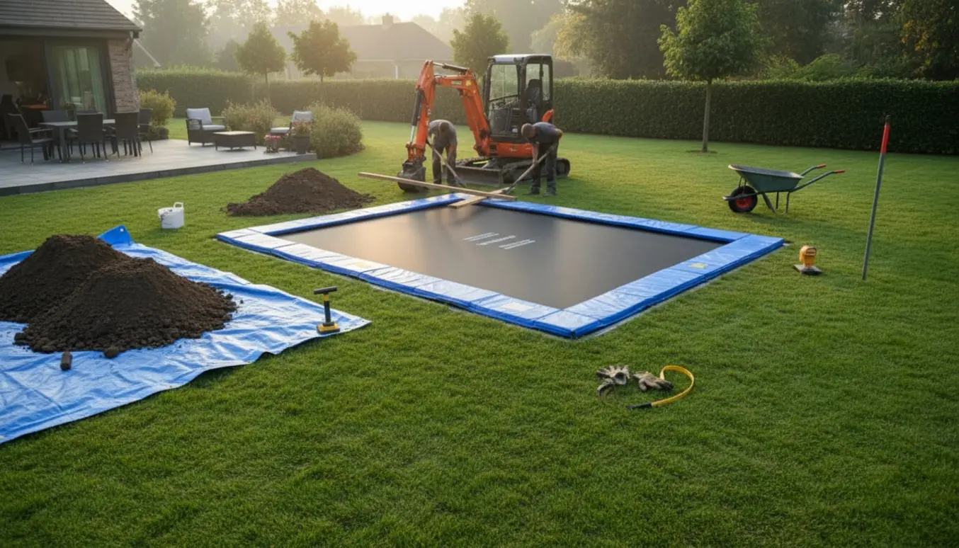 Nedgravet trampolin under installation i en baghave med jord i trillebør og skovle.