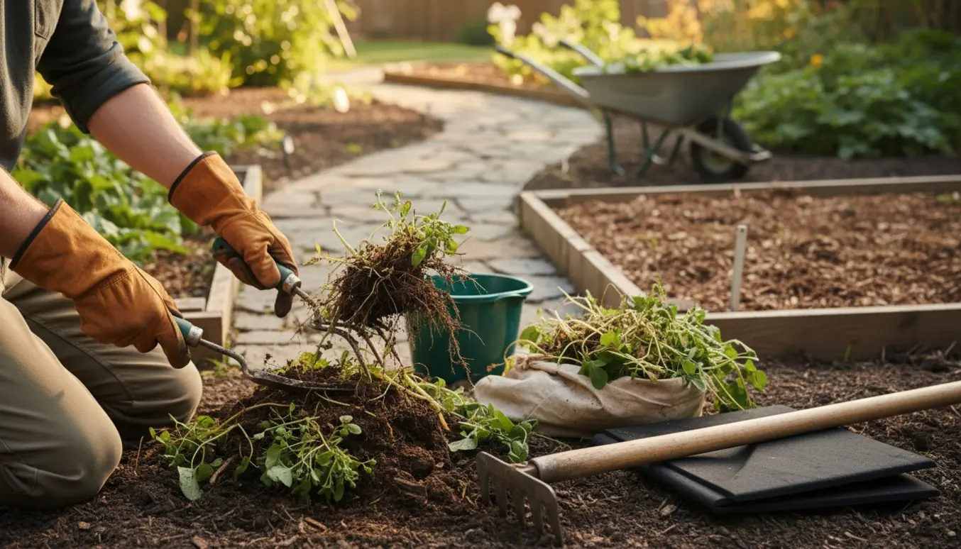 En person fjerner ukrudt i en køkkenhave med håndredskaber og en bunke bortgravet ukrudt.