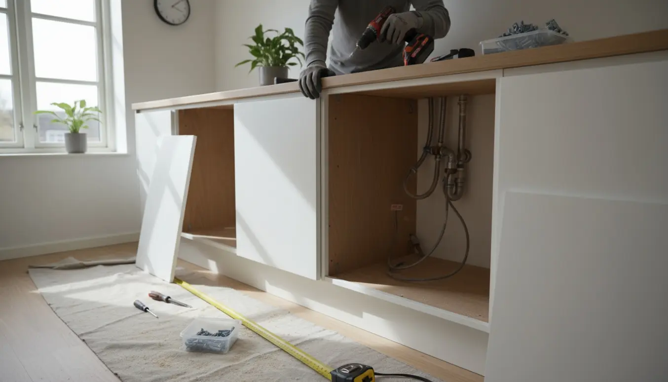 Håndværker fjerner sideskab i et moderne JKE-køkken for at gøre plads til en opvaskemaskine.