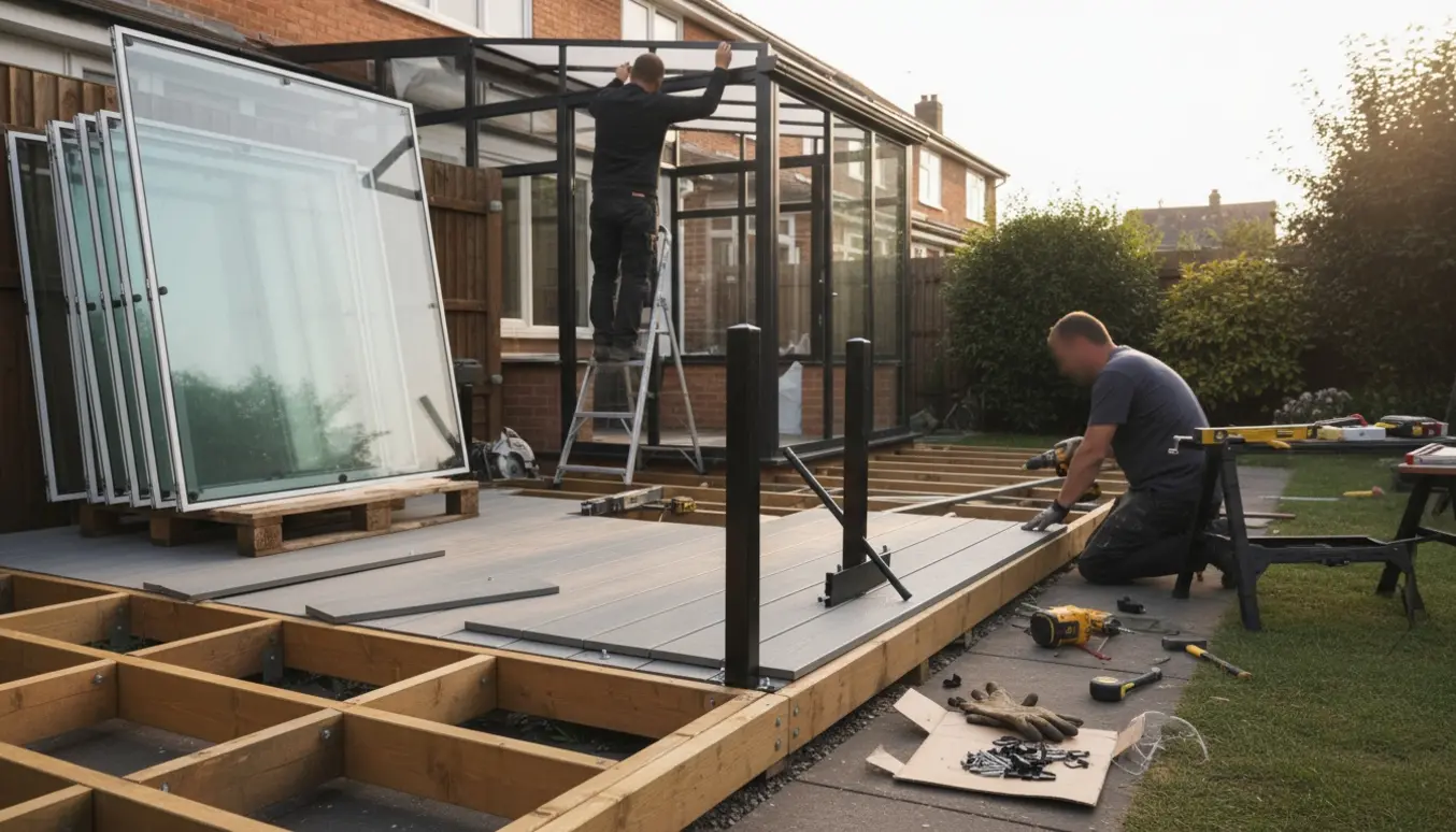 Demontering af udestue og opbygning af lav terrasse med rækværk og lille overdækning.