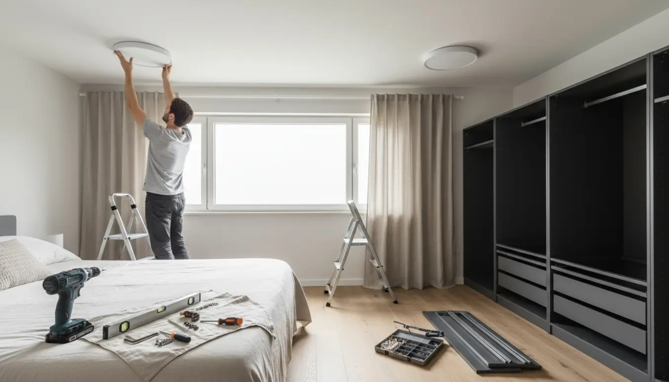 Hænder monterer loftlampe og dobbel gardinstang, mens en mørkegrå garderobe er ved at blive samlet i et lyst værelse.
