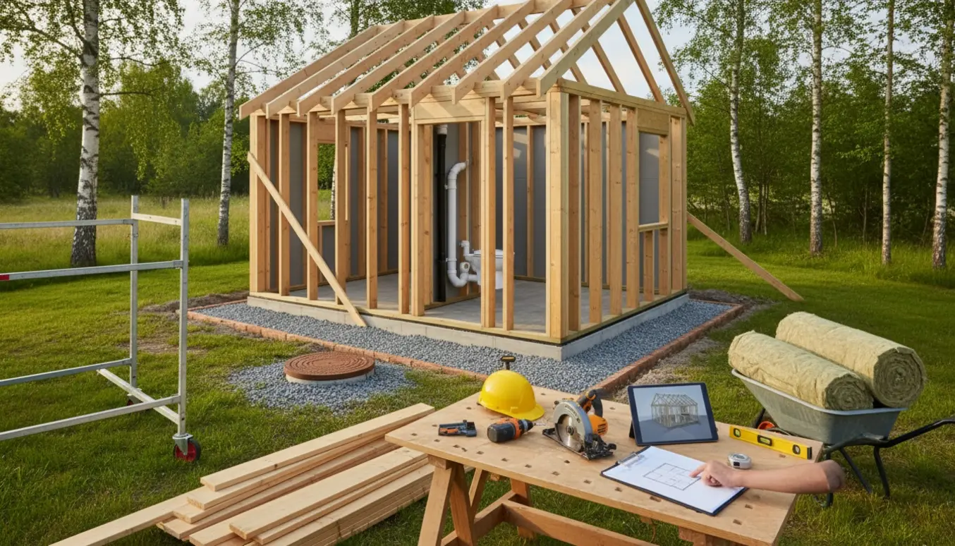 Værksted/kontor under opførelse på sommerhusgrund med synlig septitank, sivedræn, byggematerialer og værktøj.