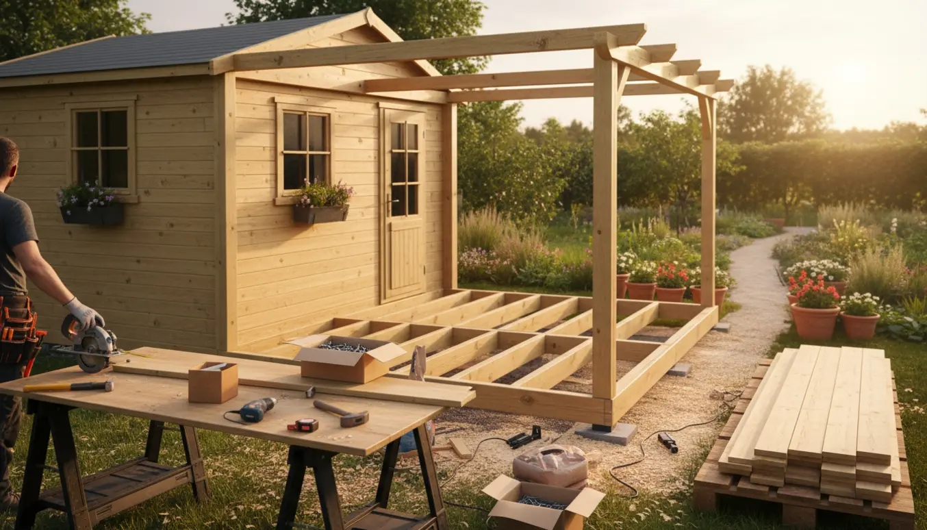 Delvist opført træterrasse og pergola ved et lille kolonihavehus med værktøj og byggematerialer i forgrunden.