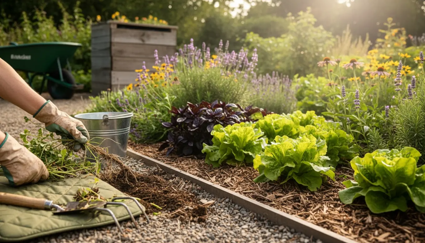 Nærbillede af hænder, der luger ukrudt fra et blomster- og køkkenhavebed med redskaber i baggrunden.