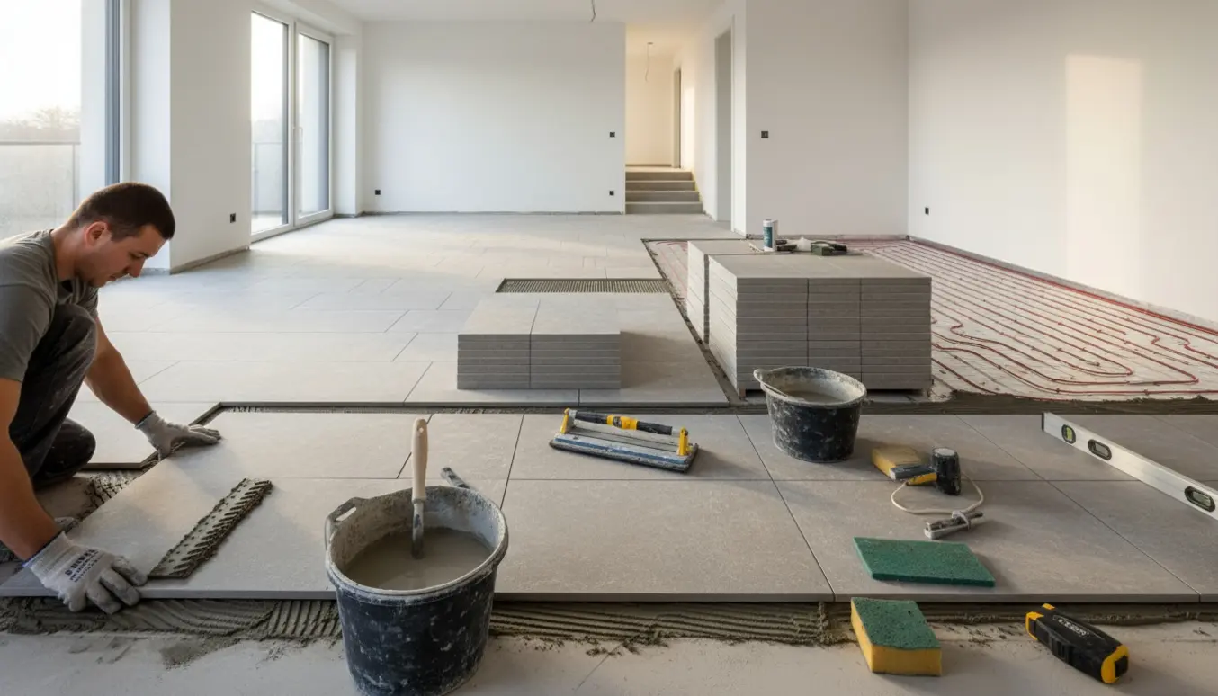 Håndværker lægger rektangulære naturfliser (60x30 cm) over gulvvarme i flere rum med en lille gang og tre trin.