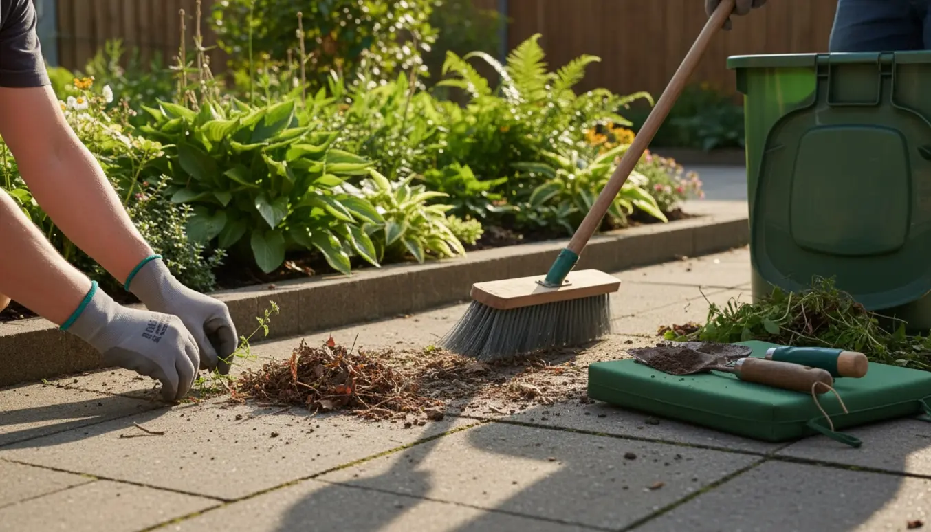Hænder fejer fliser og trækker ukrudt op ved et bed med haveredskaber og en grøn affaldsbeholder i baggrunden.