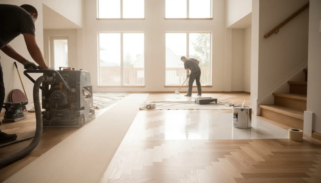 Parketgulv i et lyst to-etagers hjem bliver slebet og lakeret med mat hvid lak.