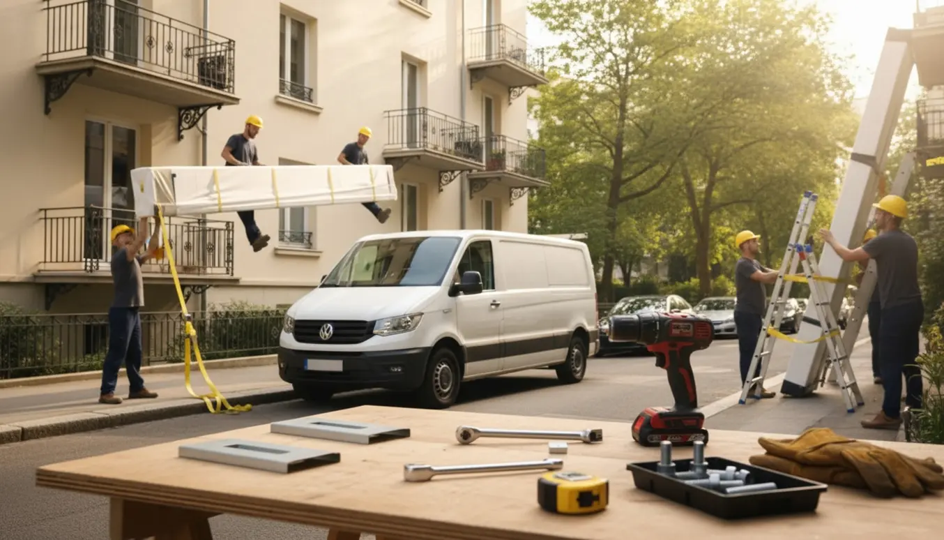 To håndværkere bærer en indpakket kassette-markise ned fra en øvre altan mod en varevogn, mens vægbeslag og værktøj ligger klar.