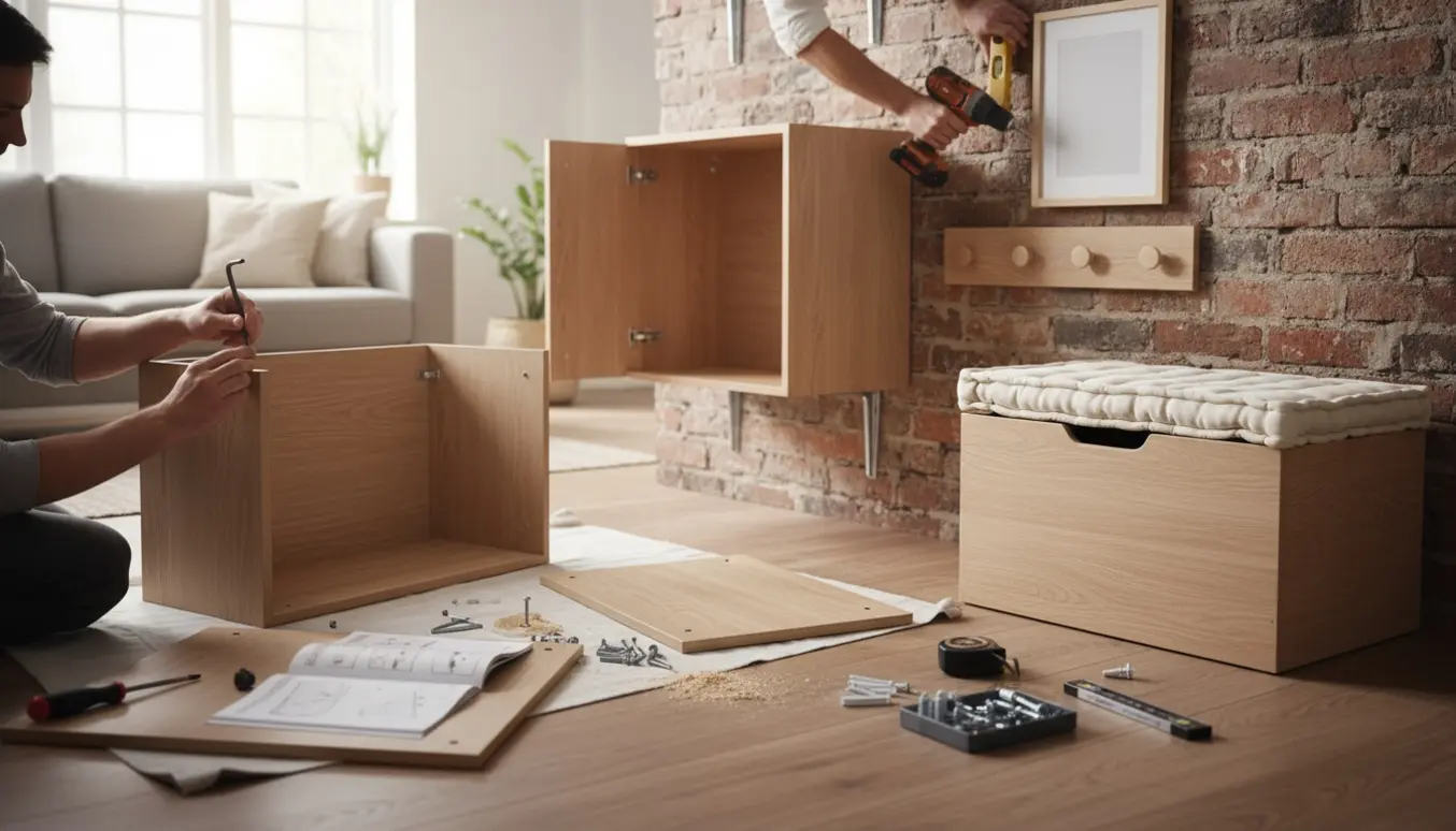 Hænder samler og opsætter små skabe på en murvæg med en samlet hyndeboks og monterede knager.