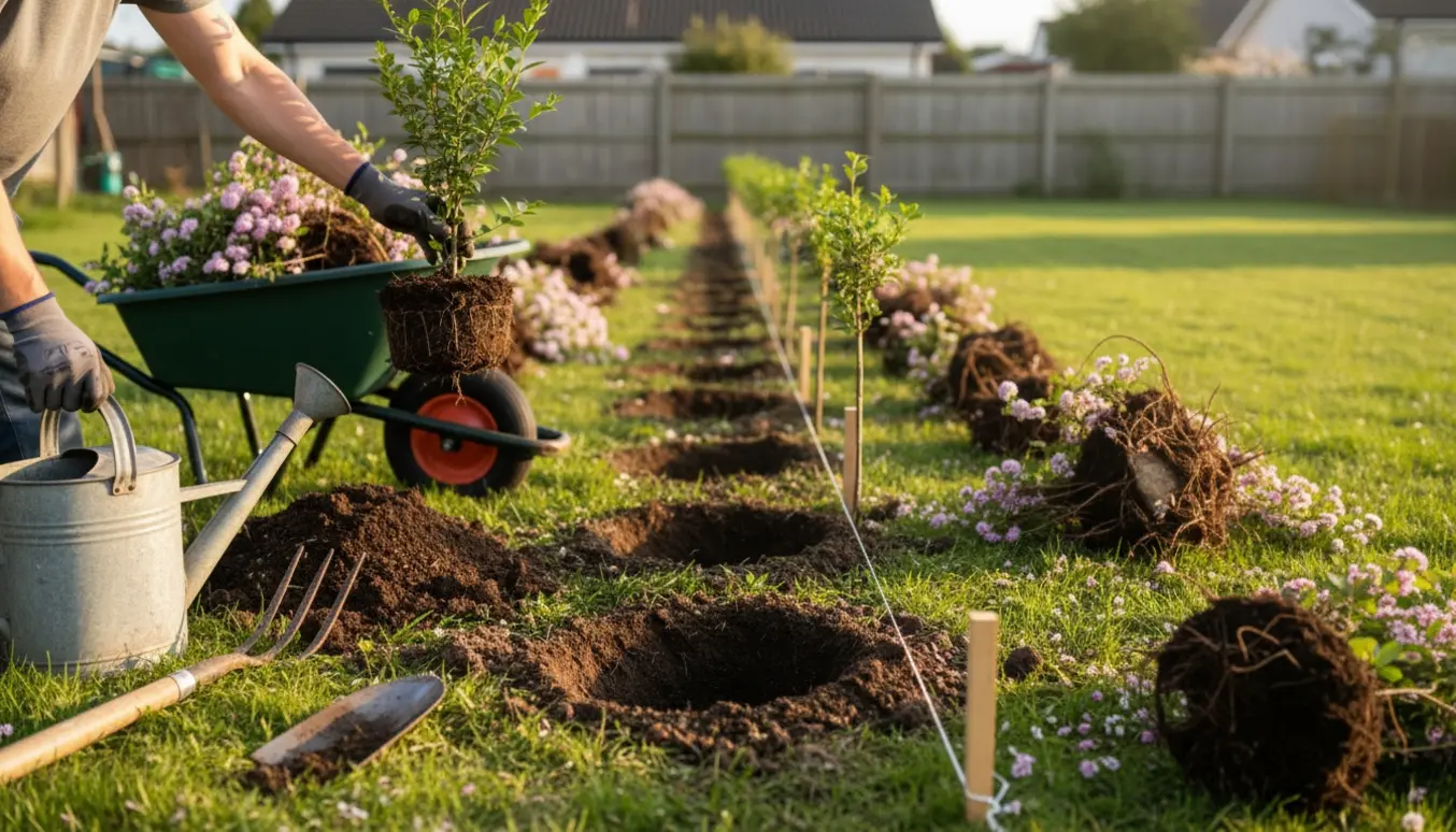 Udgravning af spiræa-hæk og plantning af nye legusterplanter med skovl og trillebør i en have.