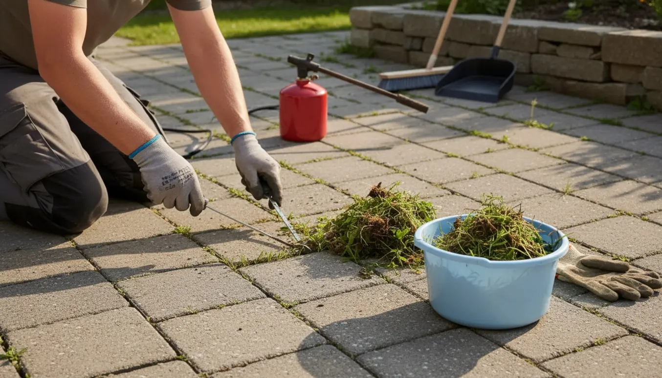 Nærbillede af hænder, der fjerner ukrudt mellem fliser med en tynd fliserenser og en lille gasbrænder på en solbelyst terrasse.