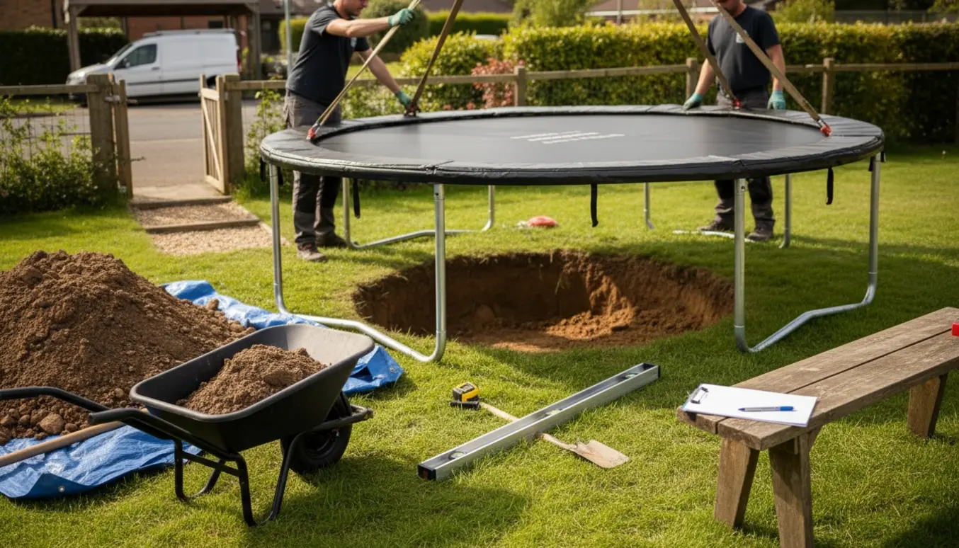 Delvist nedgravet trampolin i en have med jordbunker, værktøj og en åben låge med et par trin.