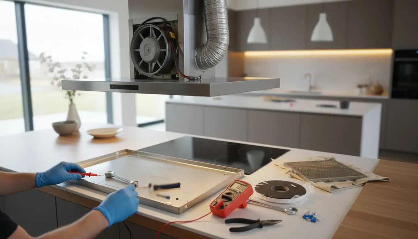 Nærbillede af reparation af emhætte med åbent motorrum, værktøj og handsker på køkkenbordet.