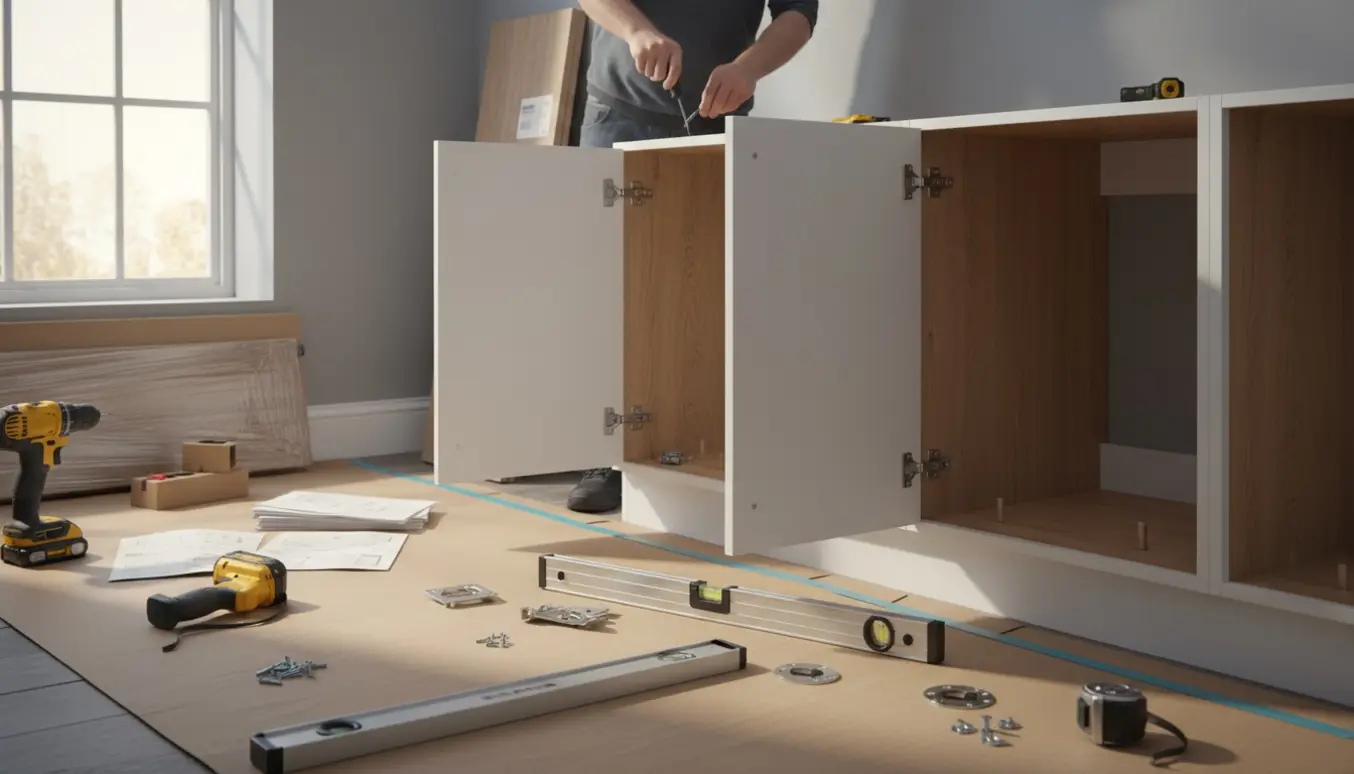 Hænder monterer fladpakkede underskabe i et lyst, moderne køkken.