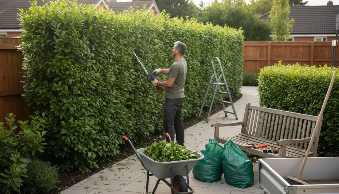 Hæk bliver klippet med trimmer, afklip i trillebør og grønne affaldsposer klar til bortskaffelse.