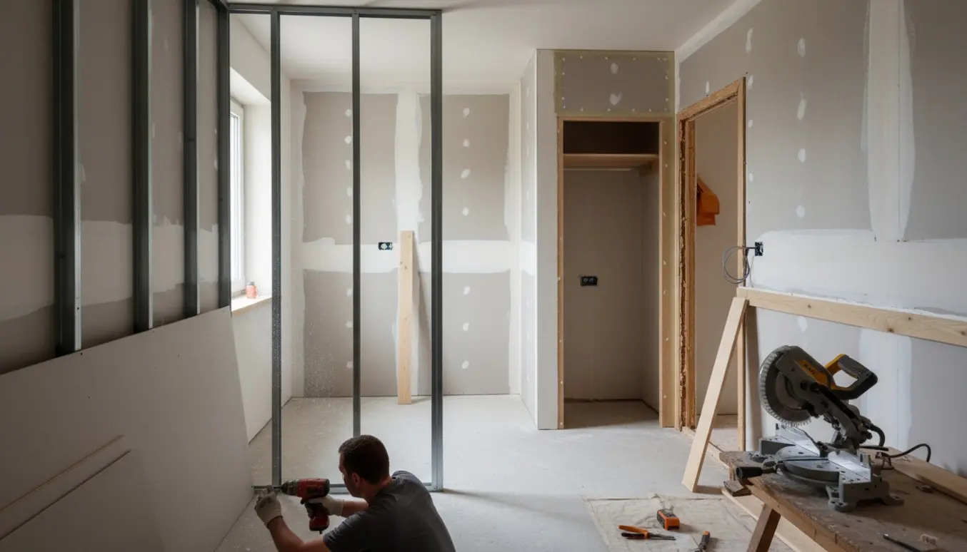 Et lille værelse under renovering med gipsvægge, monterede fodlister og en ny dørkarm ved installation.