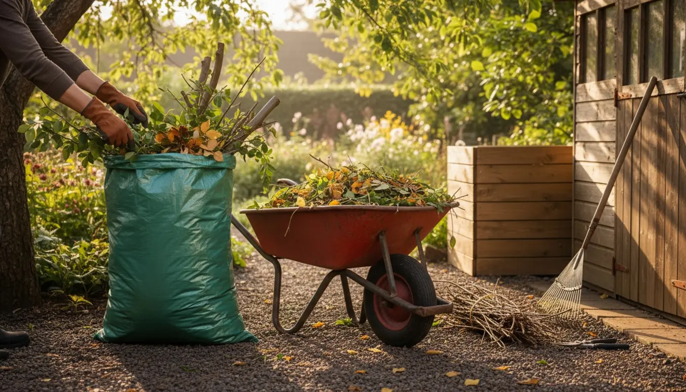 Hænder i havehandsker lægger haveaffald i en trillebør ved en kompostbeholder i en solrig have.